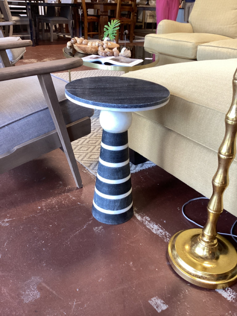 Marble Side Table wth black & White Striped Base 14' X 21"