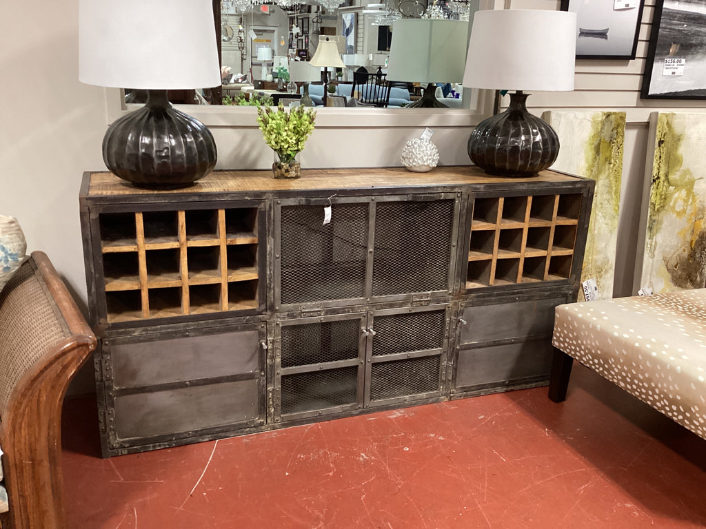 Sideboard - Wood, Wire Mesh, Metal - 75x18x36 -4 Doors, 2 12 Bottle Wine Racks