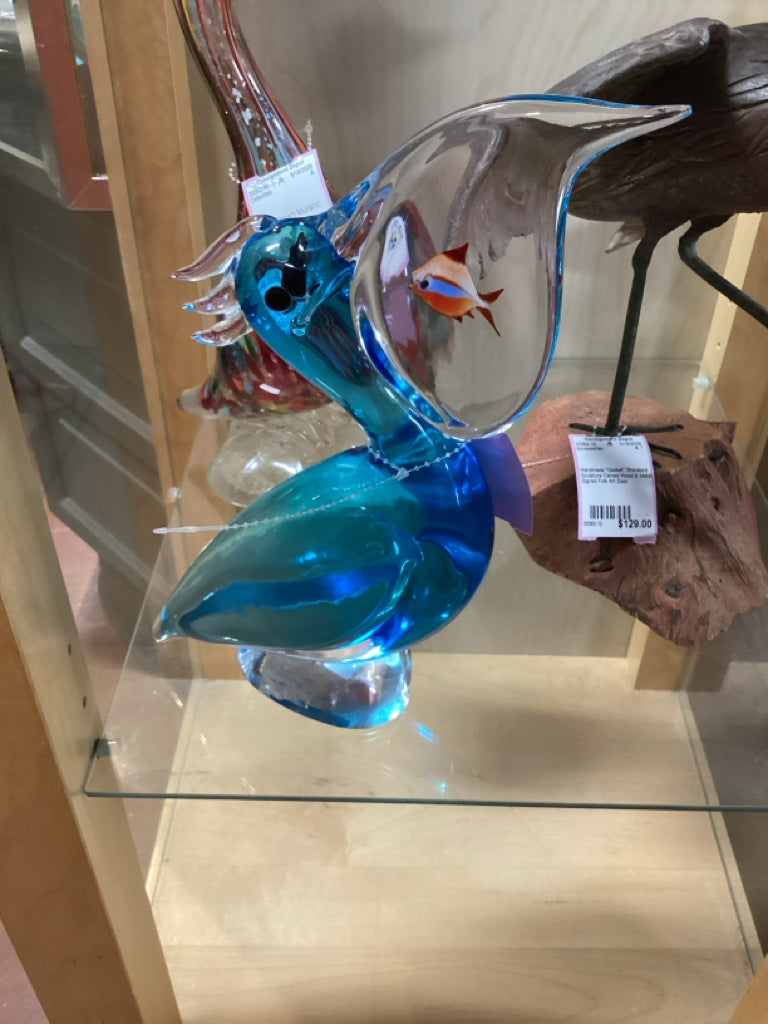 Signed Elio Raffaeli Murano Art Glass Sculpture Hand-Blown Italian Aqua Pelican