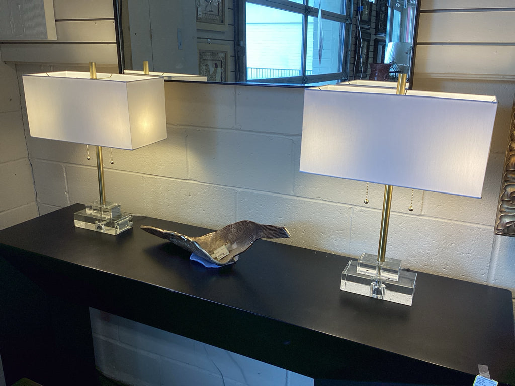 Set of 2 Contemporary Acrylic & Brass Table Lamps with Clear Acrylic Bases