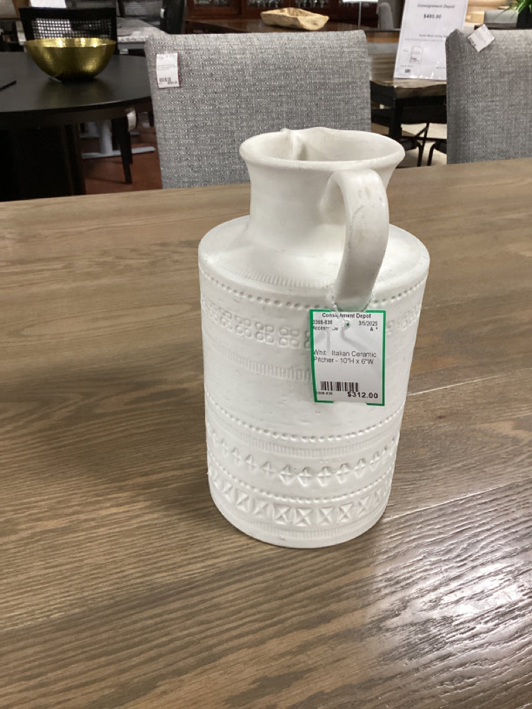White Italian Ceramic Pitcher - 10"H x 6"W