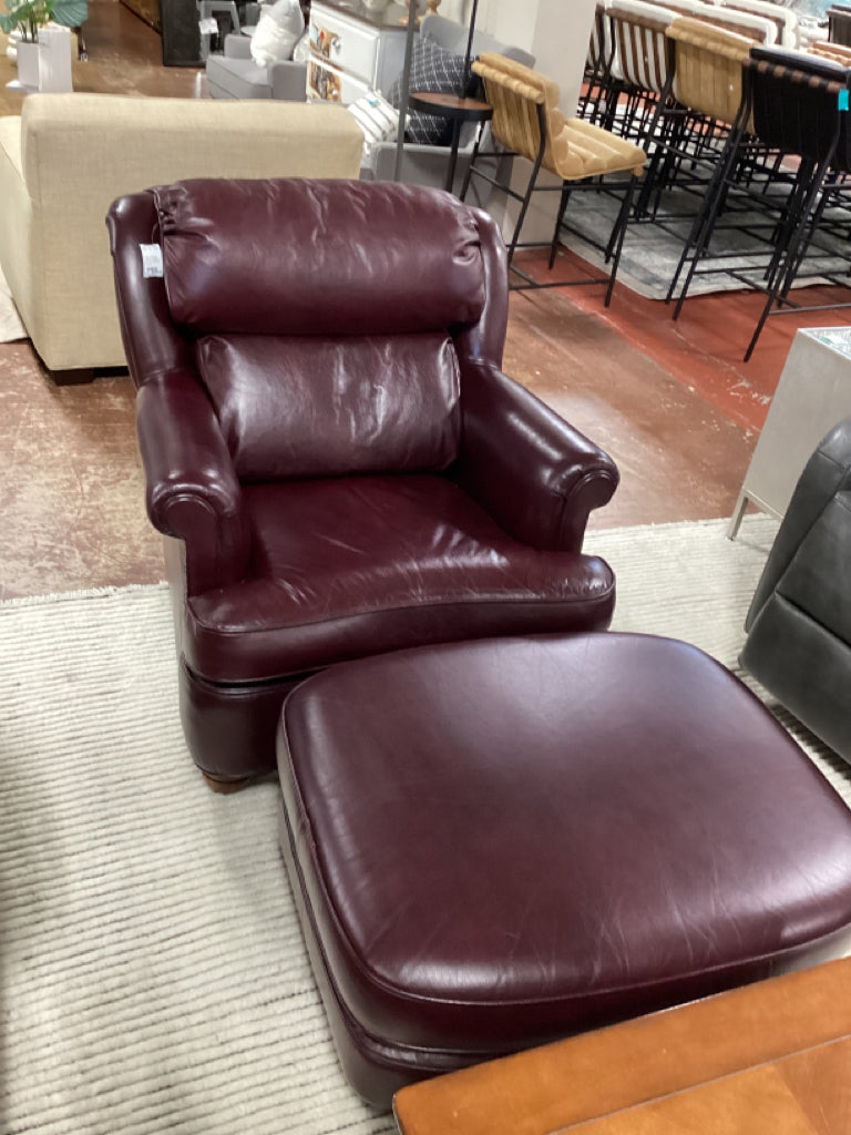 Classic Genuine Leather Studded Arm Chair with Matching Ottoman