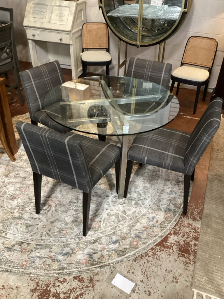 Room & Board Round 42" Glass Dining Table with 4 Upholstered Chairs