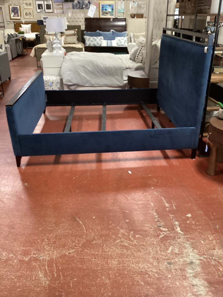 King Bed / blue velvet with mahogany trim HB,FB, rails & slats