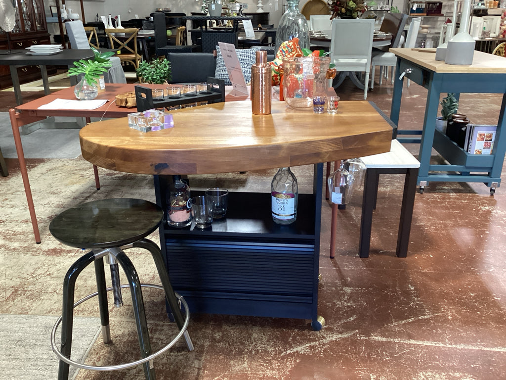 Bar/ asymmetrical rolling mini bar / black / wood top/ 43 x 31 x 32 high