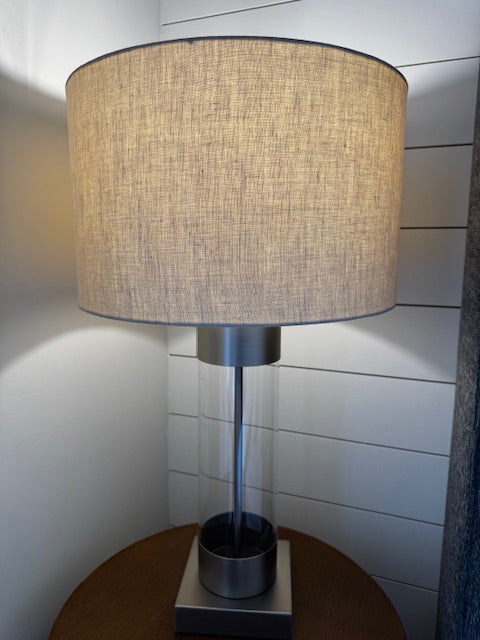 Renwil Meredith table lamp; glass cylinder with linen shade; 29â€