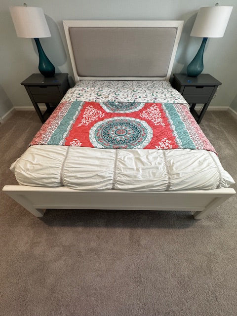 QUEEN bed, grey upholstery inlay with white frame, hbfb rails