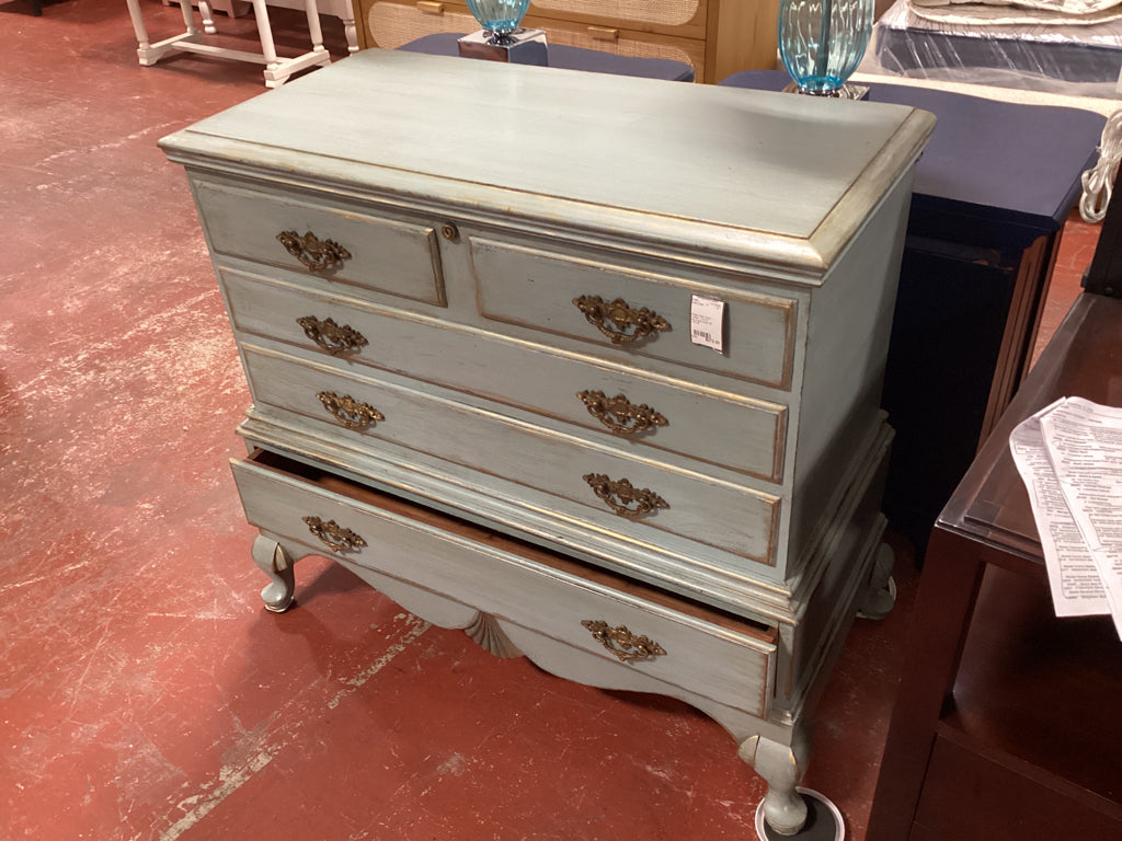 Vintage Cedar Chest / 1 drawer  / French blue w/ gold accent 38 x 18 x 34