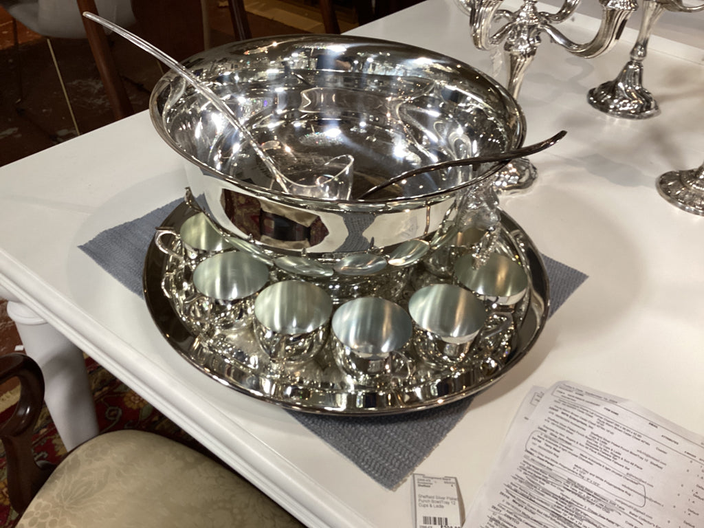 Sheffield Silver Plated Punch Bowl/Tray 12 Cups & Ladle