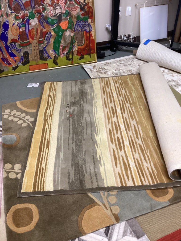 Rug / Rug / hand tufted blue, gold , tan desert design / 5 x 8  AS IS
