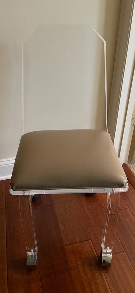 Beveled Lucite Vanity or desk Chair/ tan leather seat 16 x 15 x 33