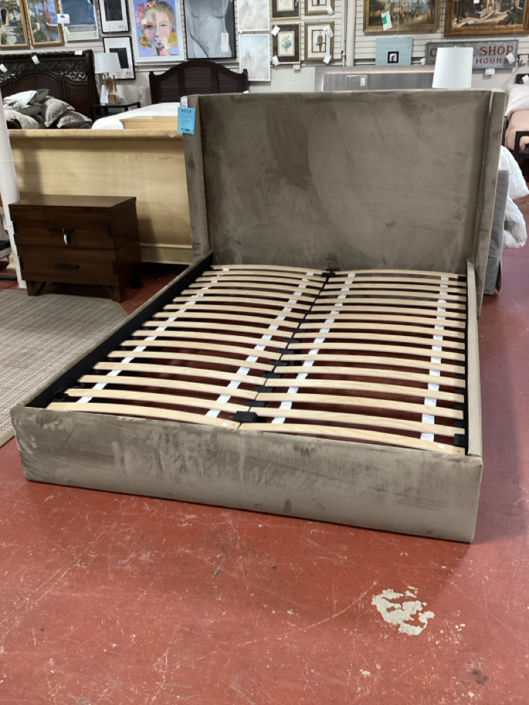 Taupe Velvet Queen Platform Bed HB,FB,Rails and Slats