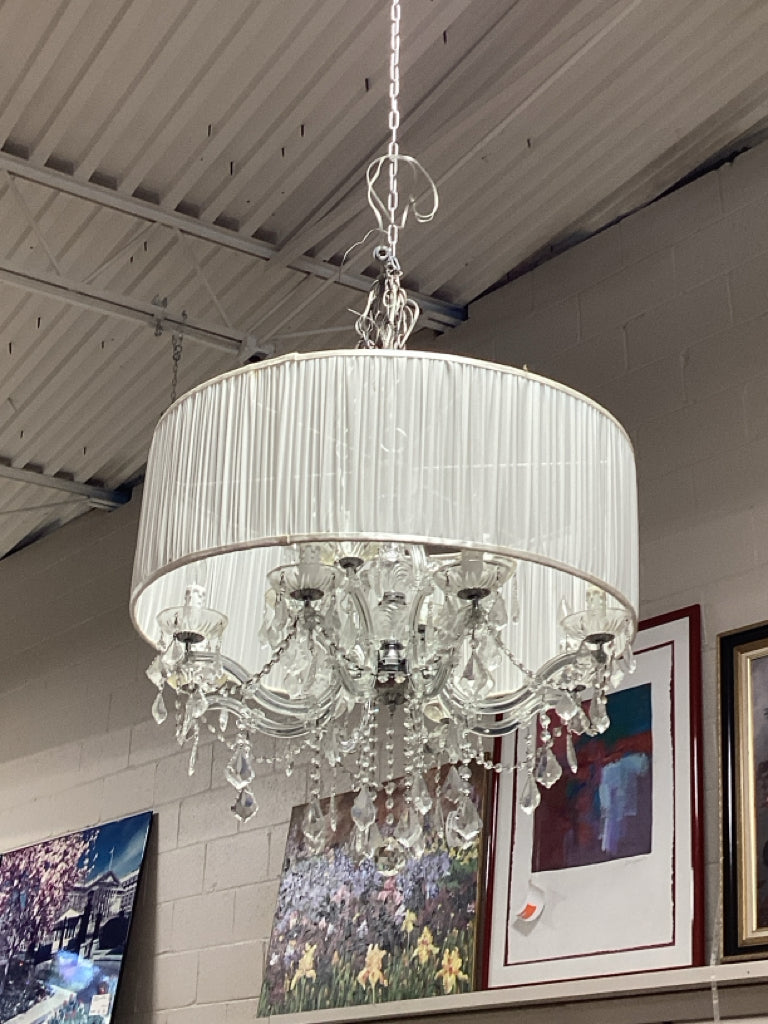 Chandelier / 8 arm,  12 light crystal chandelier with white drum shade 30" round
