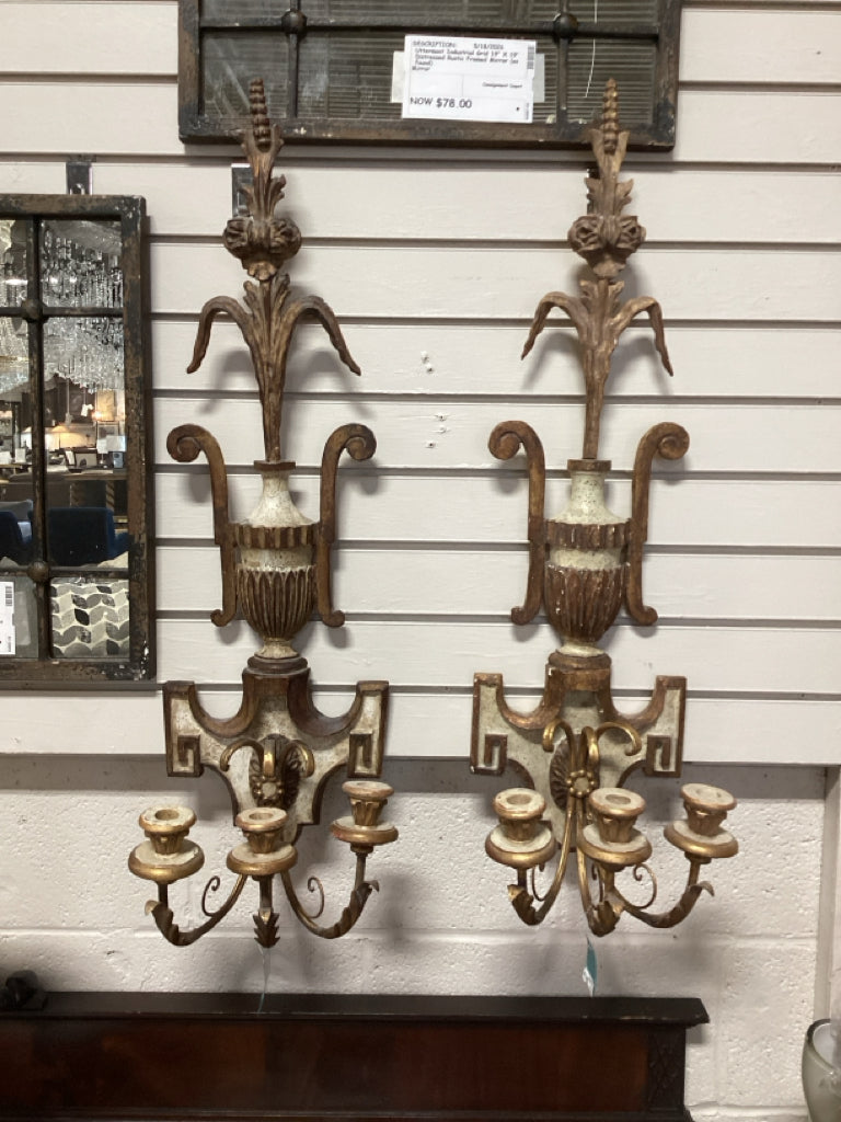 Vintage Italian Regency gilt wood & brass wall sconces  PAIR
