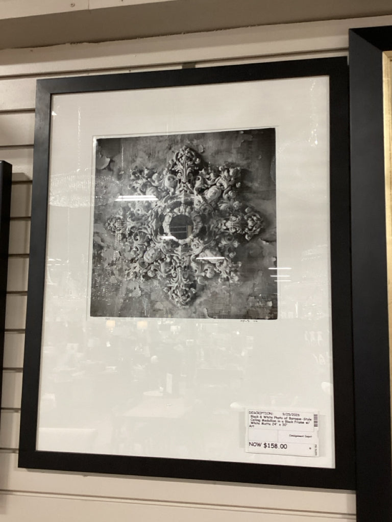 Black & White Photo of Baroque-Style Ceiling Medallion in a Black Frame w/ White