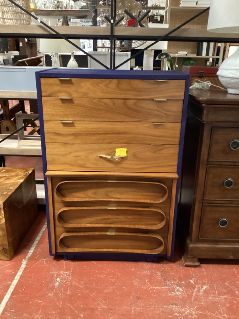 Mid century Chest of Drawers /Navy & walnut 7 drawer 30 x 17.5 x 44.5