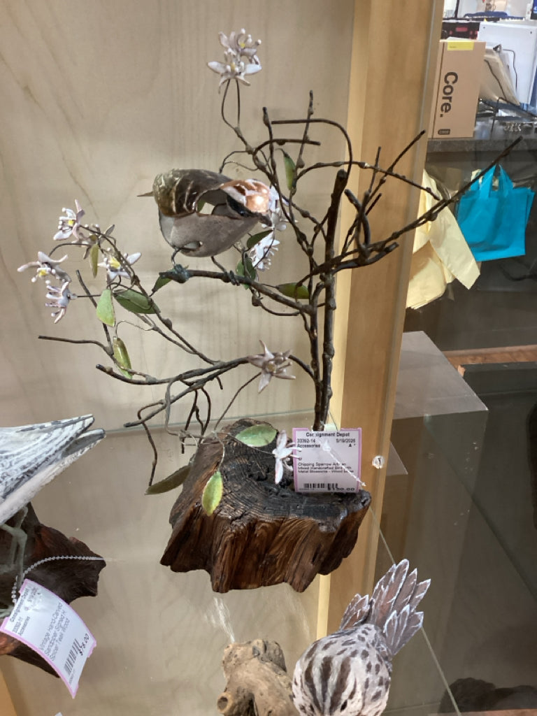 Chipping Sparrow Artisan Mixed Handcrafted Bird with Metal Blossoms - Wood Base