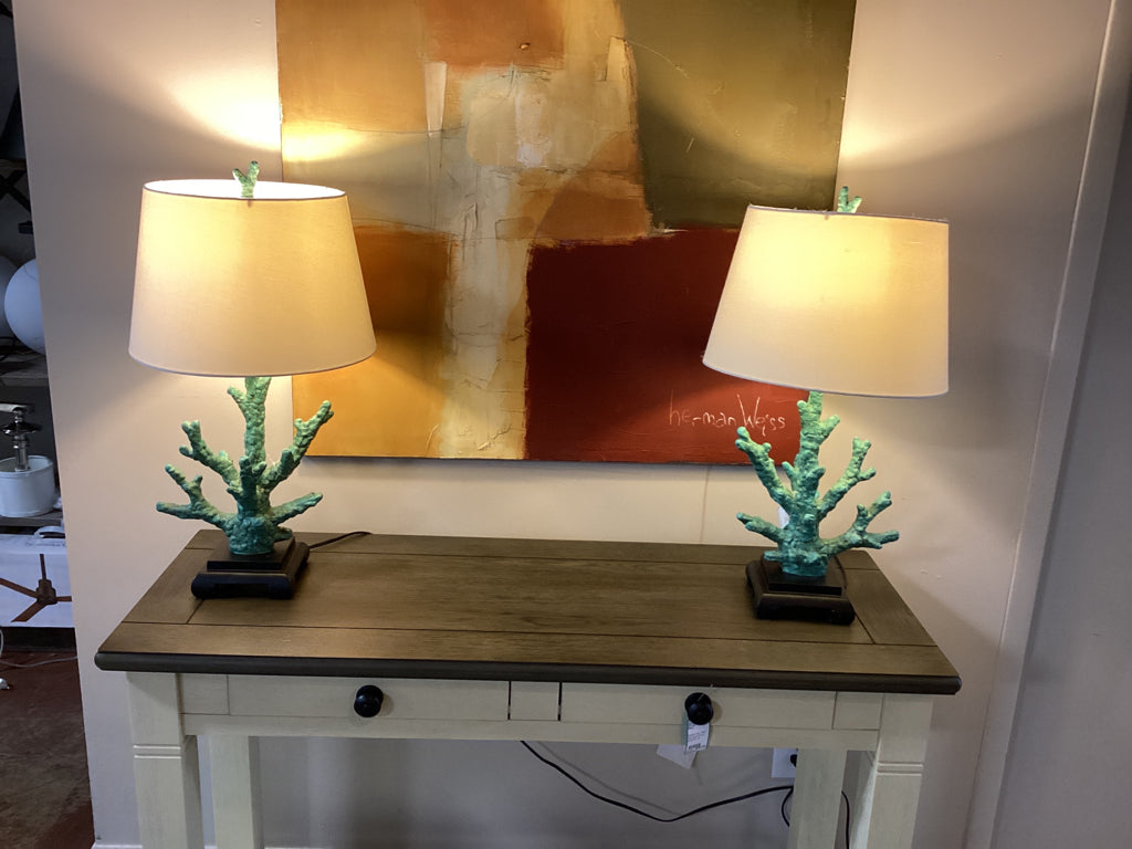 PAIR faux turquoise coral table lamps / black base / cream shades