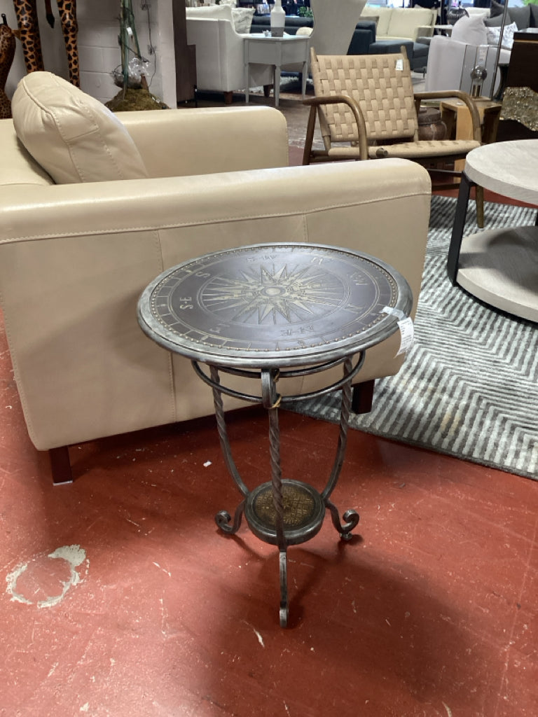Hooker Compass Etched Brass Metal Nautical  End Table  17: R  24" h