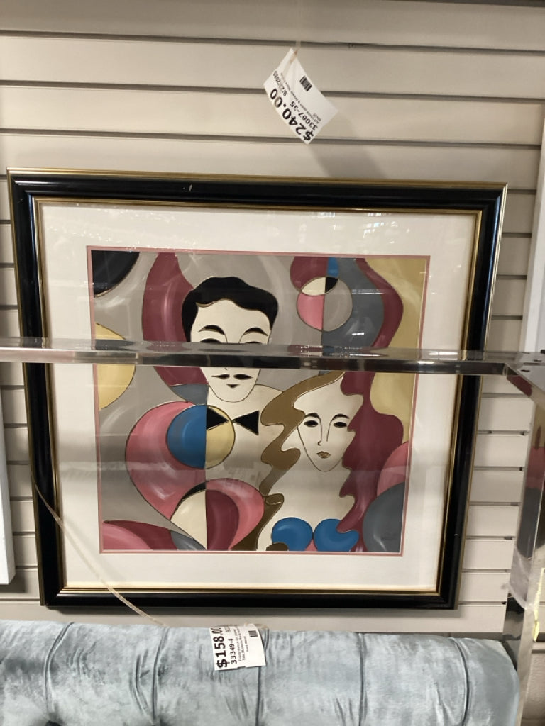 Frank Walcutt Art, Mustache Man & Woman, Blk/Gold Frame 33x35