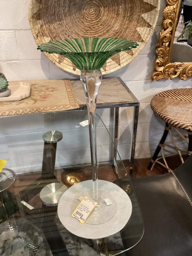 Ooak Handblown 15.75" Flower Shaped Candle Holder Clear and Green