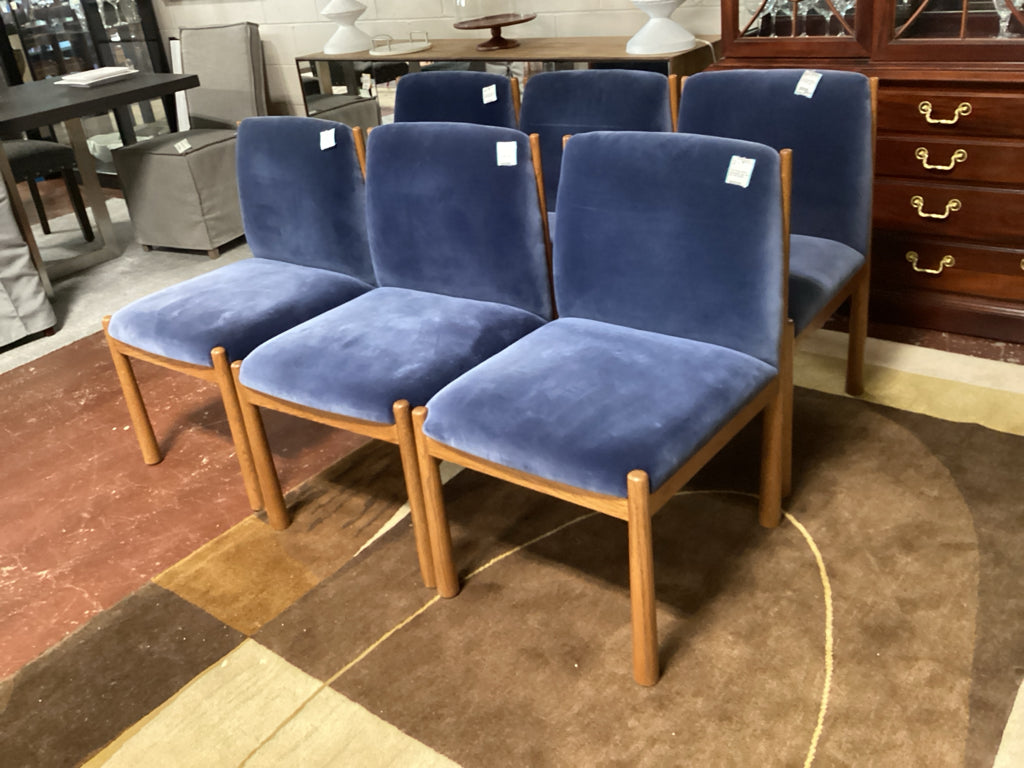 CB2 Dining Chairs / blue velvet / oak  SET of 6  AS FOUND