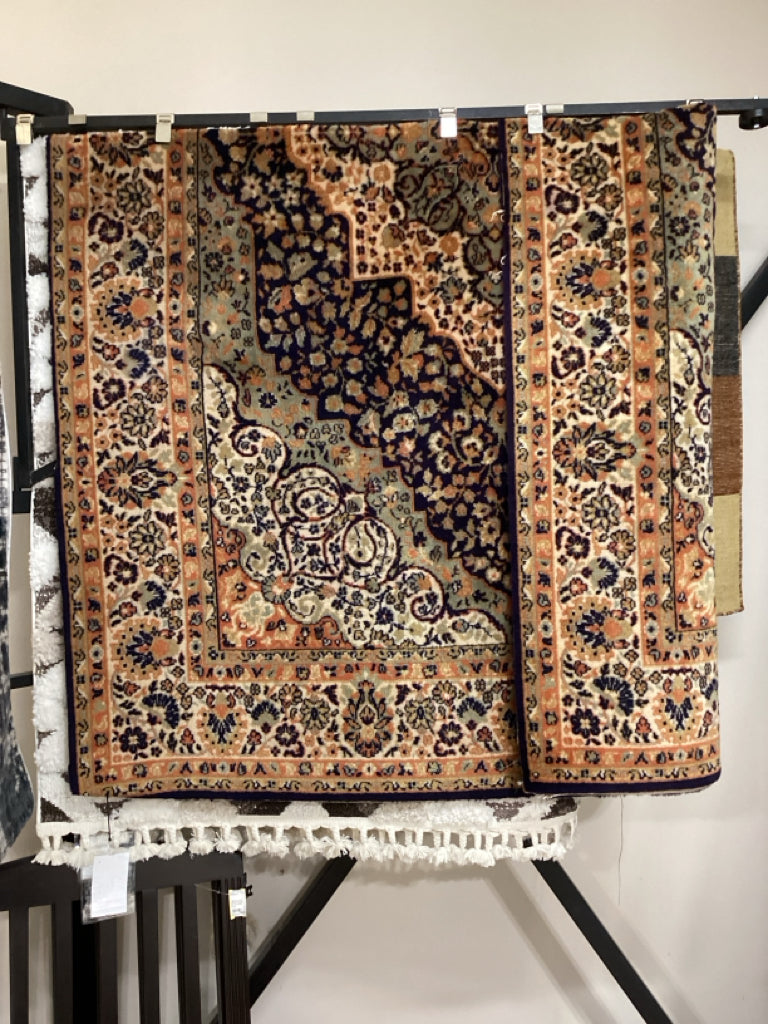 Rug / vintage hand knotted tribal  rug / blue, rust, gold 9'6" x 6'4" AS FOUND