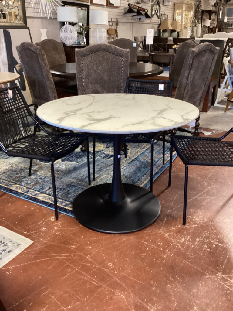 Table/ 40" round faux white marble/ black iron base