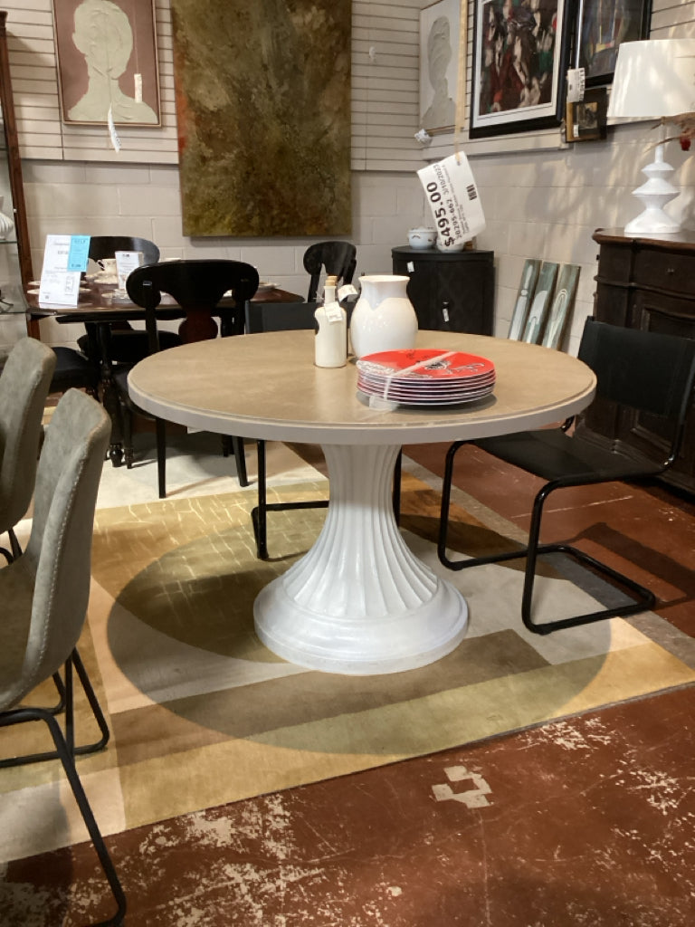 Dining Table/ taupe & white pedestal table 48" round AS Found