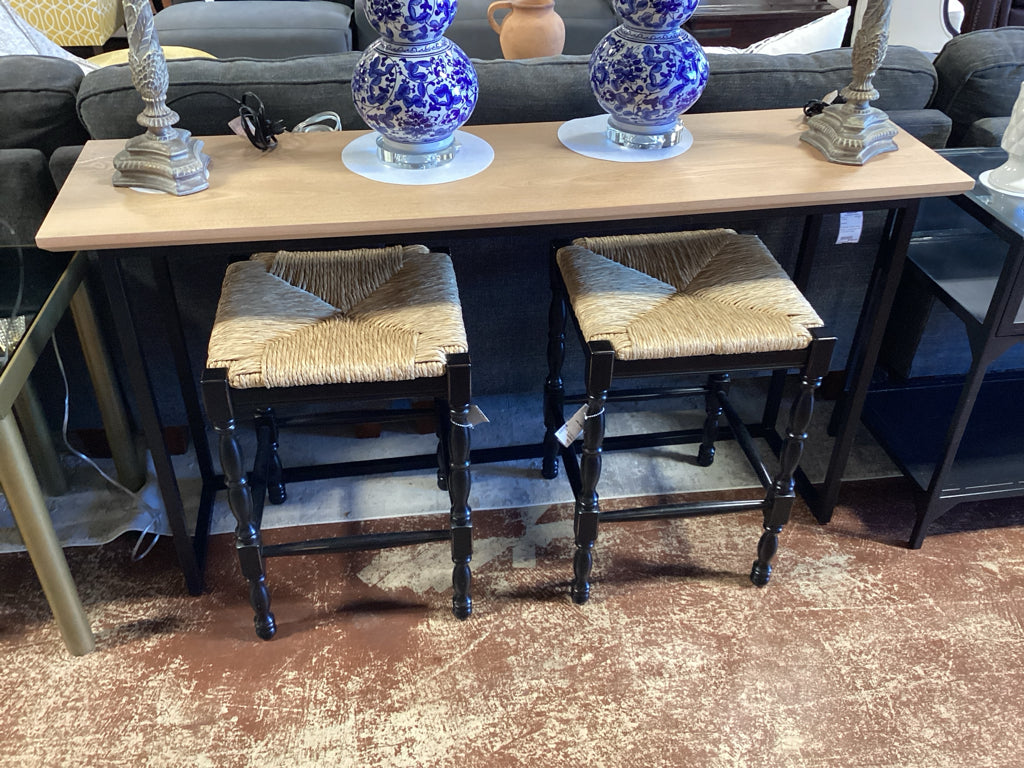 Console / black metal base / lt wood top / 60 x 16 x32.5 high