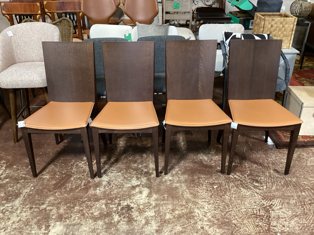 Set or Four Calligaris Italian Designer Orange Leather Seat Dining Chairs 18.5"W