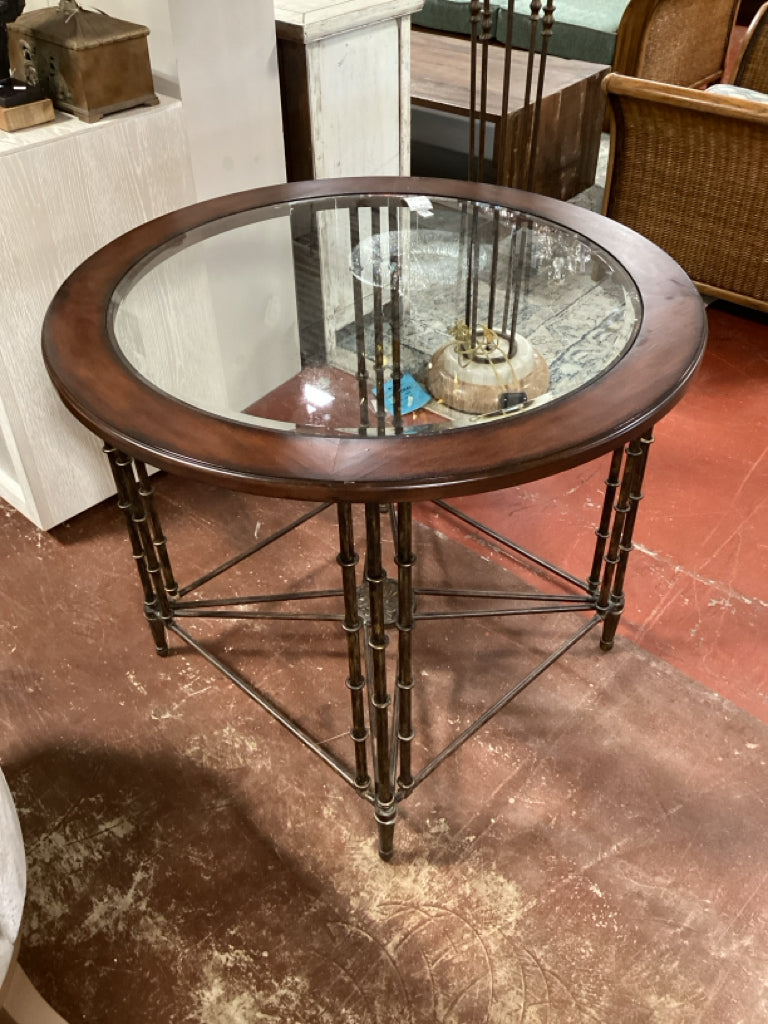 Occasional Table / wood & iron with glass insert 36" round 30 high