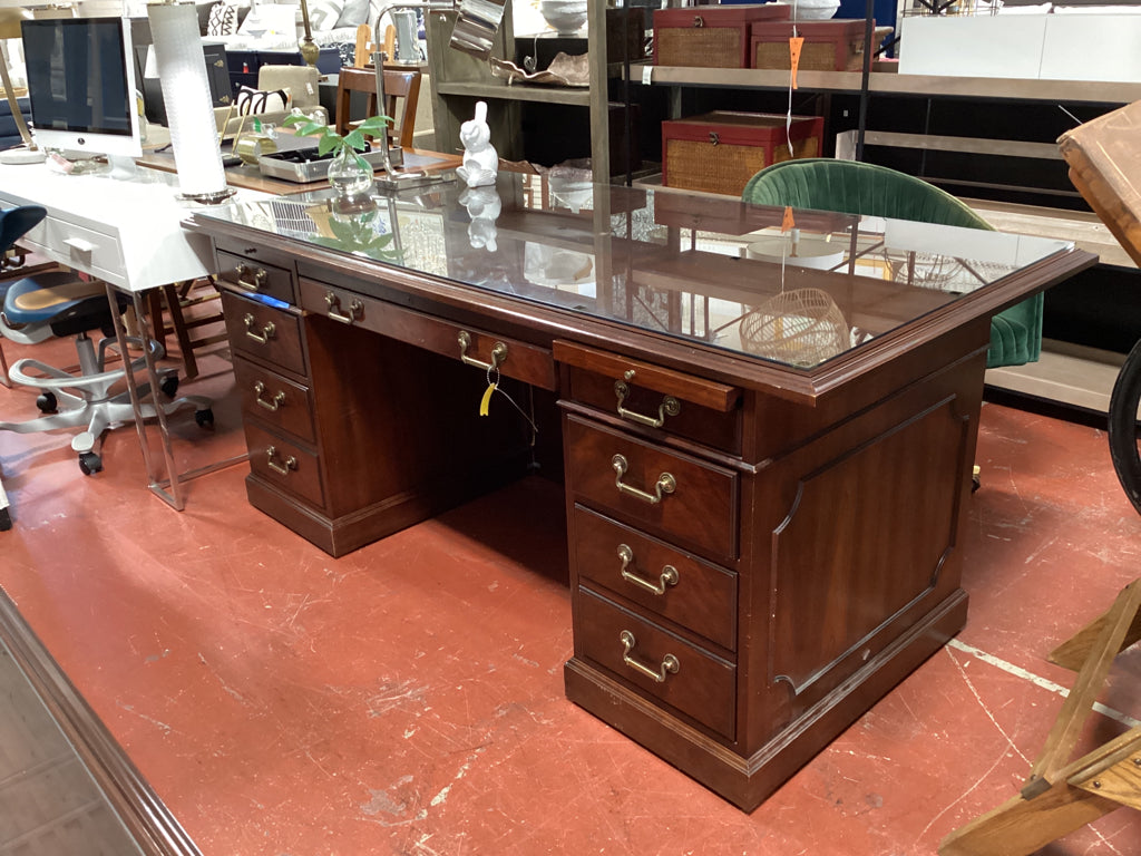 Kimball Mahogany Executive Desk / 7 drawer, 2 slide shelves, glass top 72 x 21