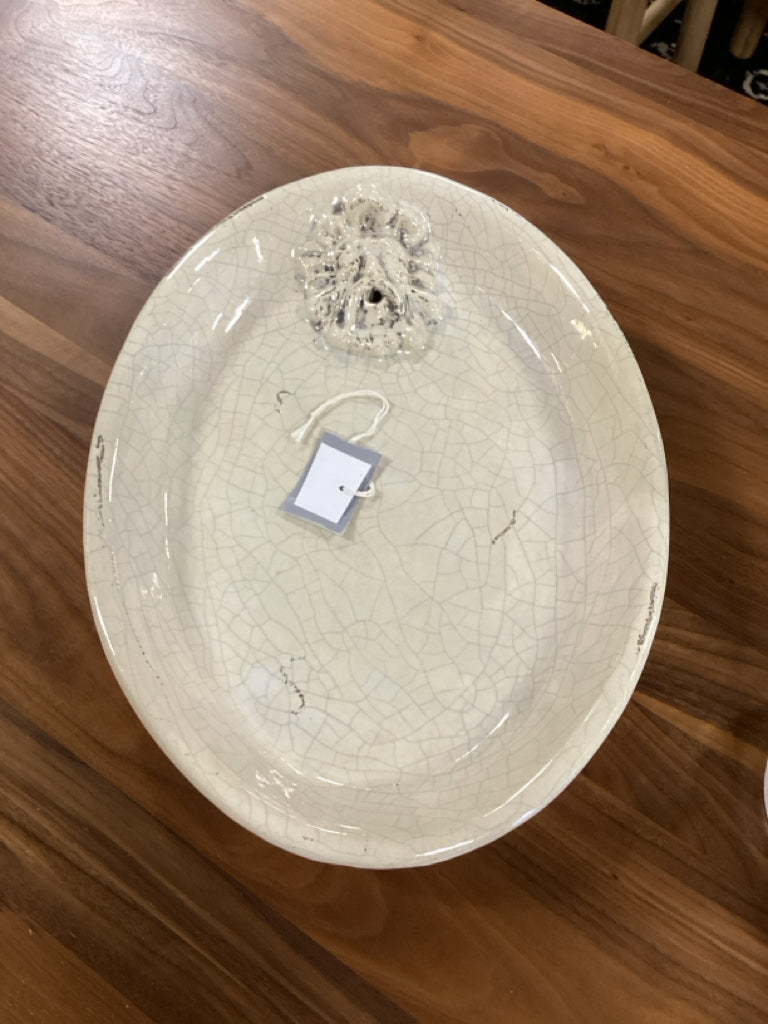 Vintage Cream Colored Crackled Glazed Lion Head Bowl/Platter 17.5" x 13" x 2"