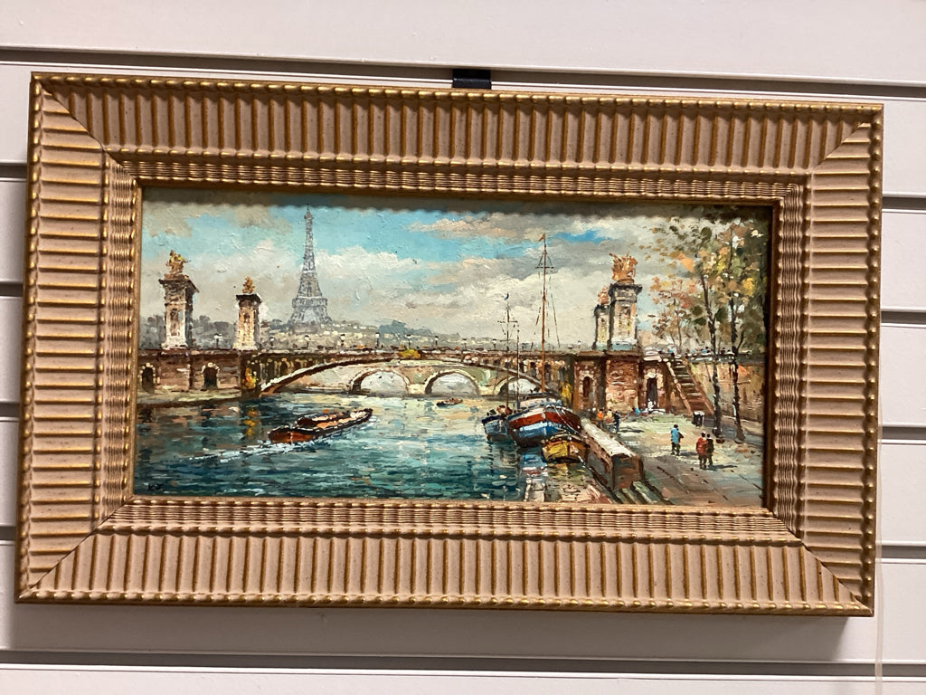 Original Oil Painting of Paris Scene on Wood 29.5x12.5