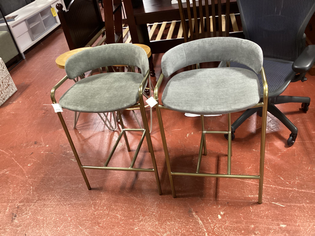 Bar Stools/ West Elm bar height grey velvet / gold metal base PAIR