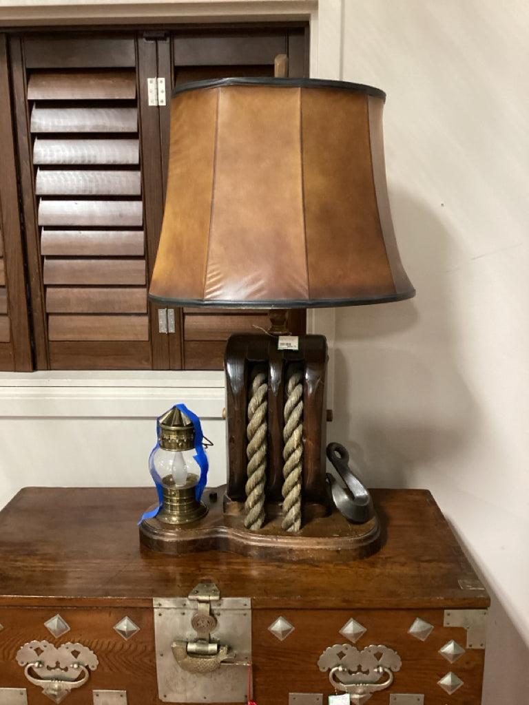 Vintage marine pulley block lamp / leather shade 19 x 34 high