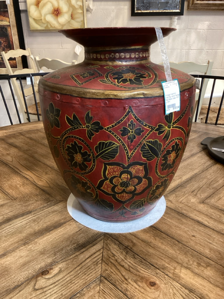 Vintage Kashmiri Indo-Raj Hand Painted Red Metal Vase 14"D x 18"H