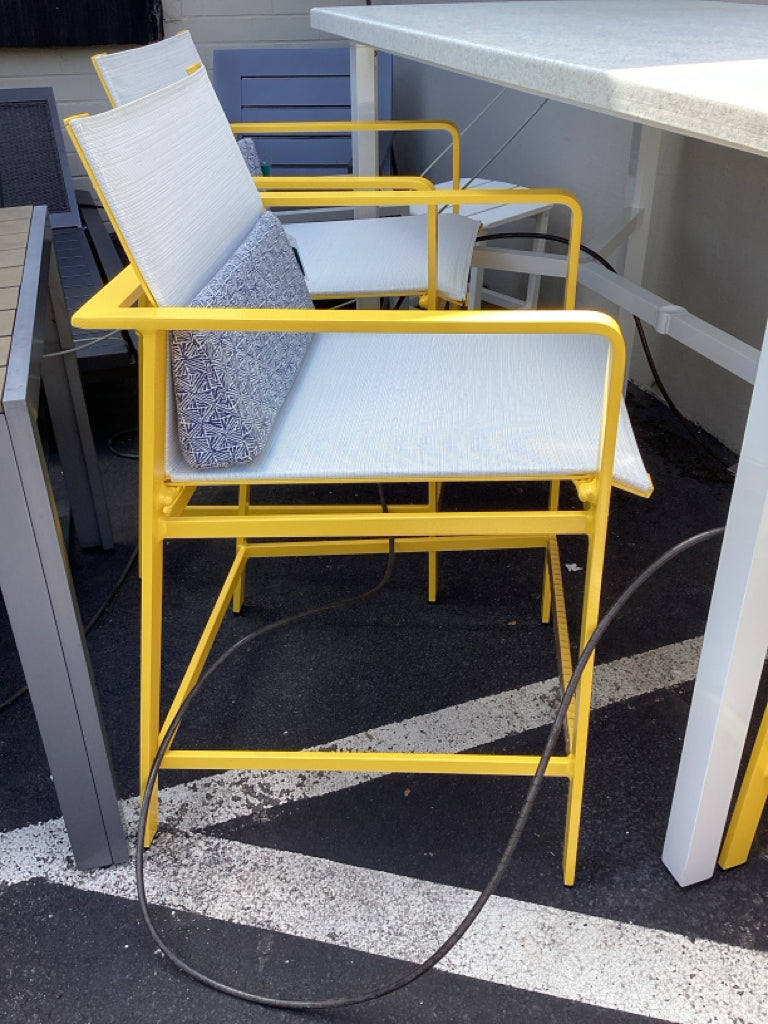 Brown Jordan, Richard Frinier Yellow Outdoor Bar Stool w/ Blue Back Pillow