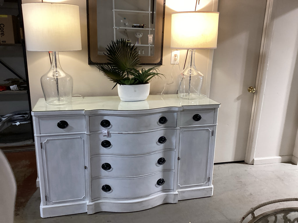 Duncan Phyfe Sideboard /painted bow front 6 drawer 2 door glass top 62x22x37