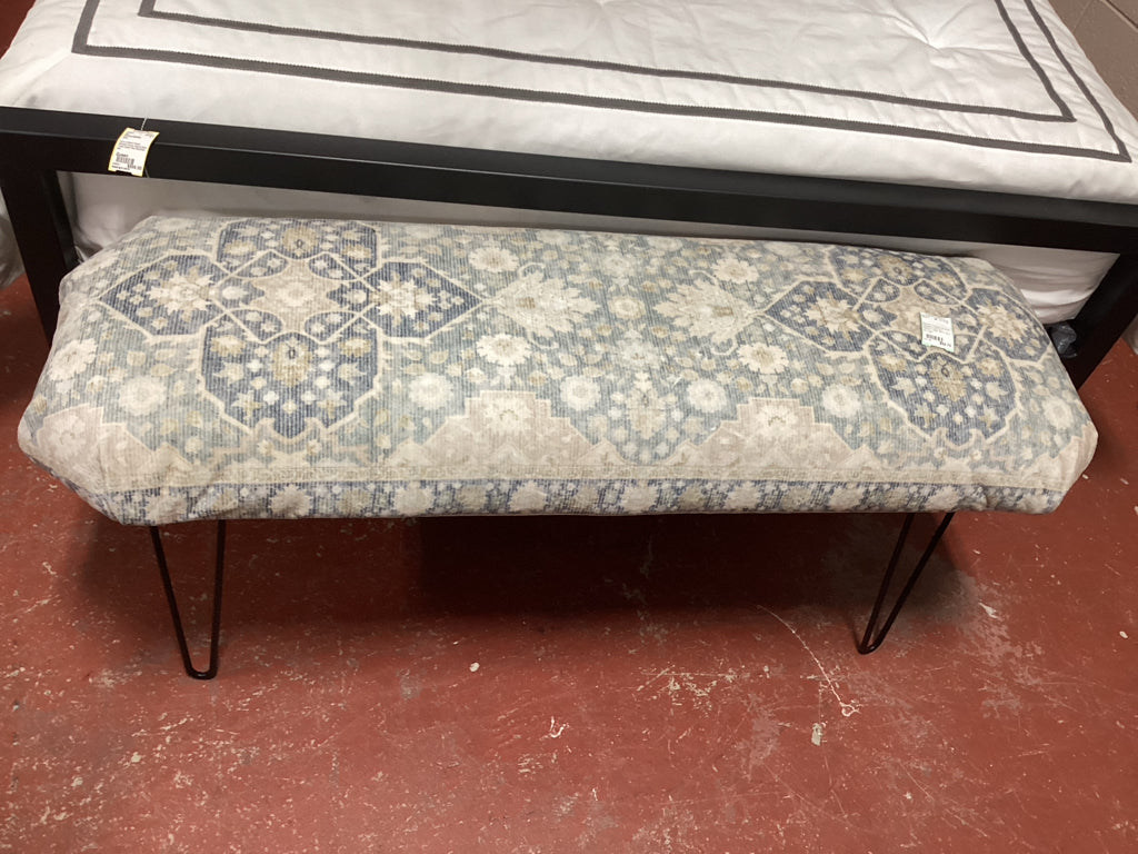 Bench / cream & blue tapestry bench / hairpin legs 48 x 15 x 20 high