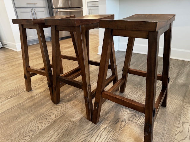 Set of 3 Saddle Bar counter stools; 16.5x9x24; brown wood