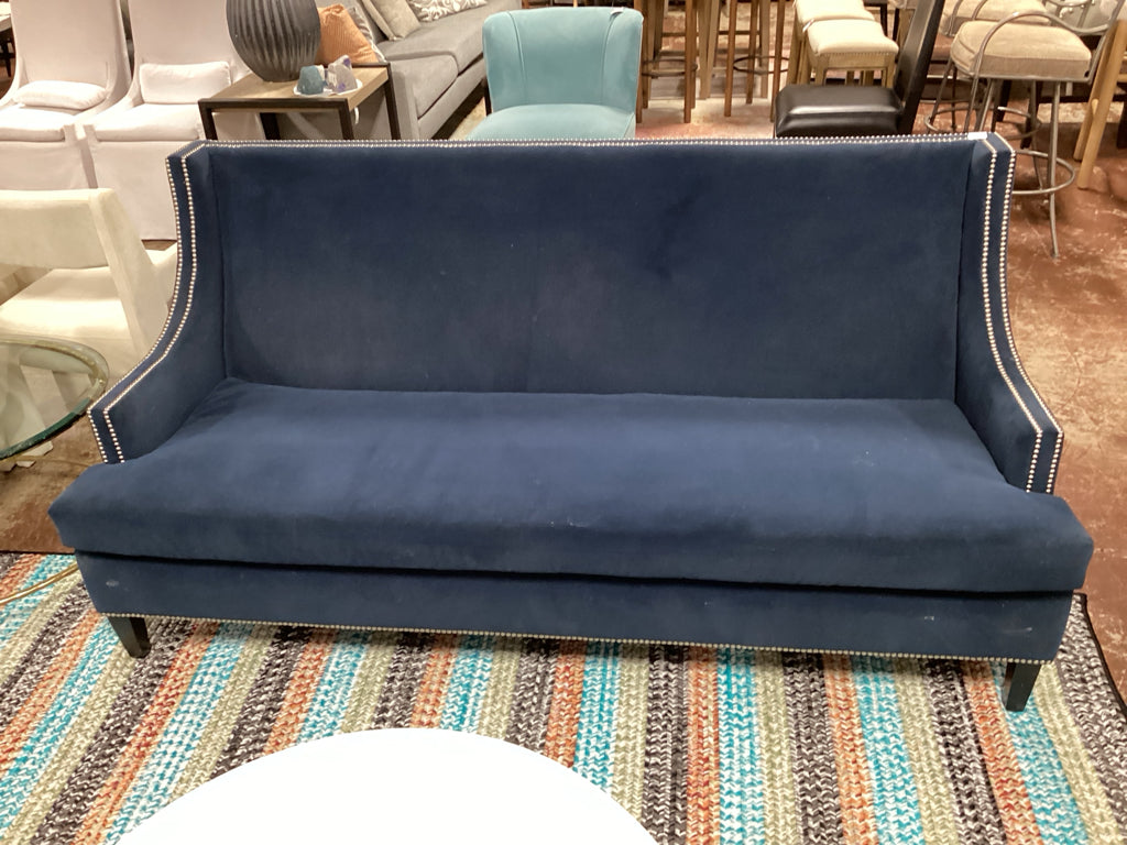 Sofa  Blue velvet banquet style sofa 75 x 34 x 36 high