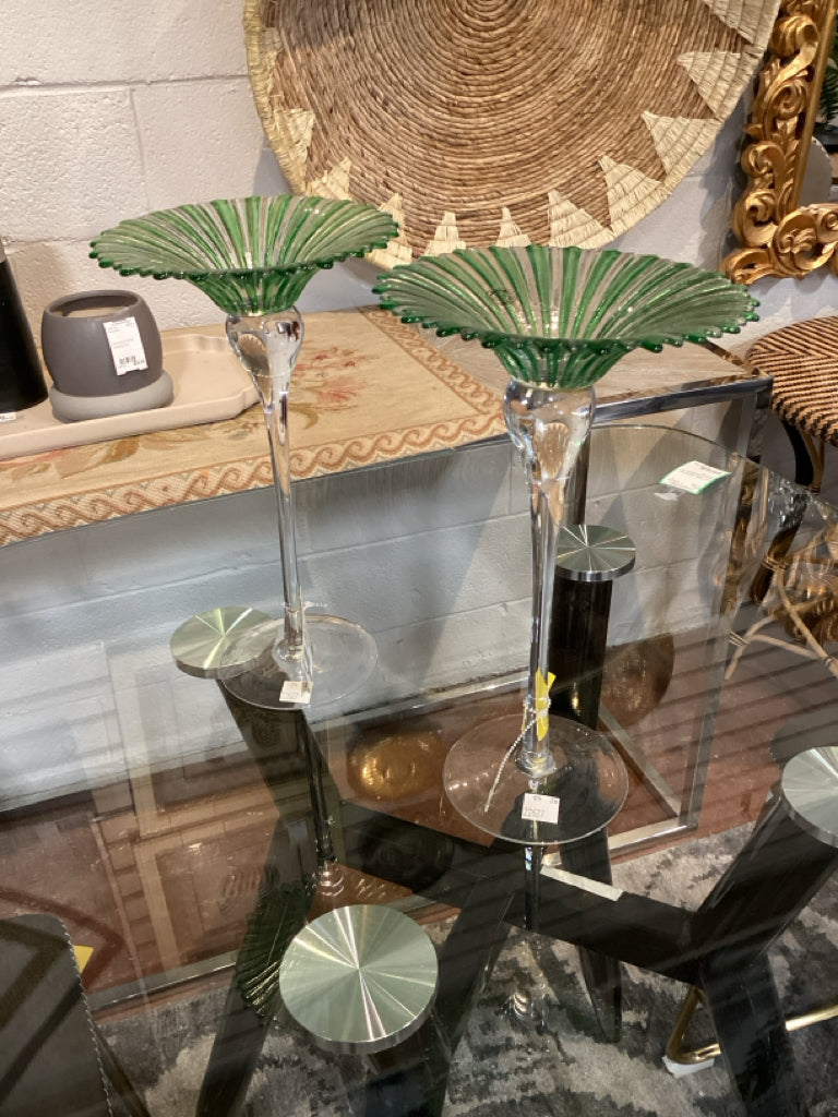 PAIR Ooak Handblown 12" Flower Shaped Candle Holder Clear and Green