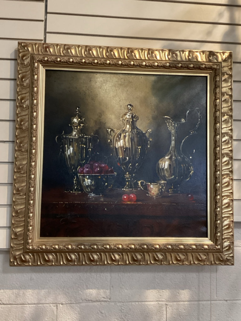 Art/ "Vinos Y Cerezas"    ornate gold frame 31.5" x 31.5"