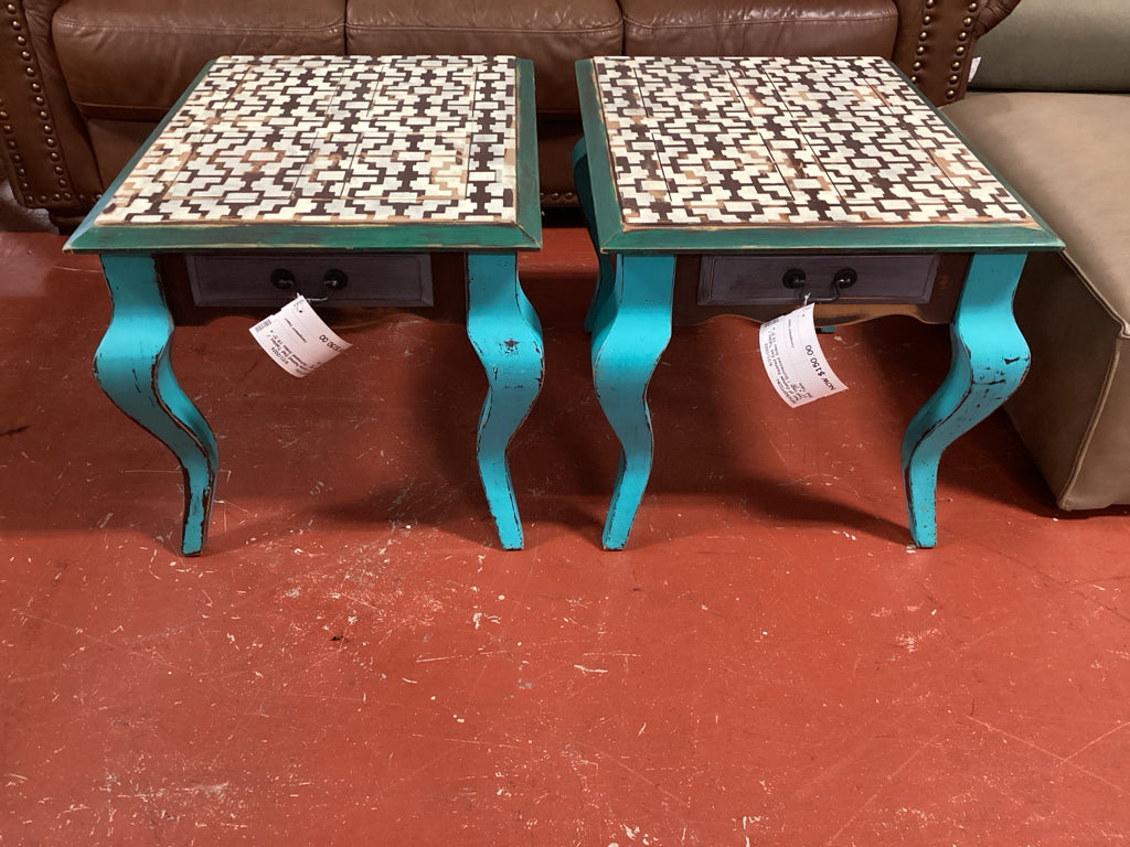 Pair of Custom Painted End Tables / Teal Legs / Distressed Sides 19.5" x 21" x 2