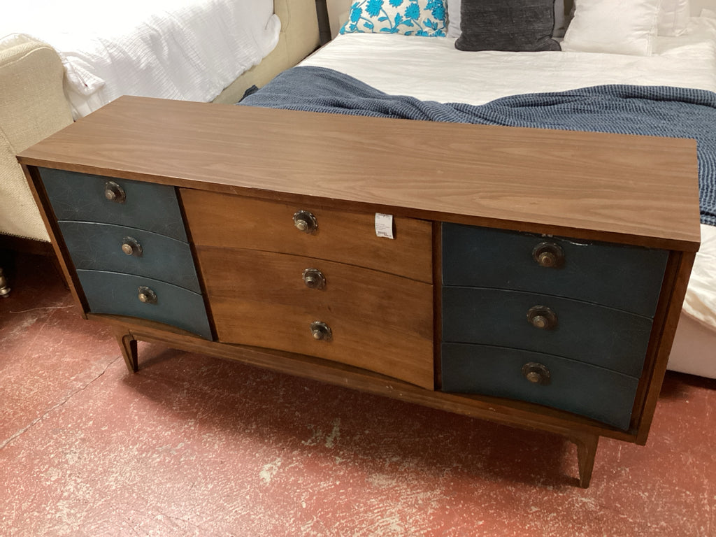 Blue Vintage Mid-Century Dresser with 9 Drawers 64x18x30