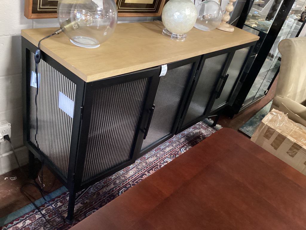 Modus  Sideboard / black metal & glass 4 door/ ash top 66.5 x 32.5 x 18 AS FOUND