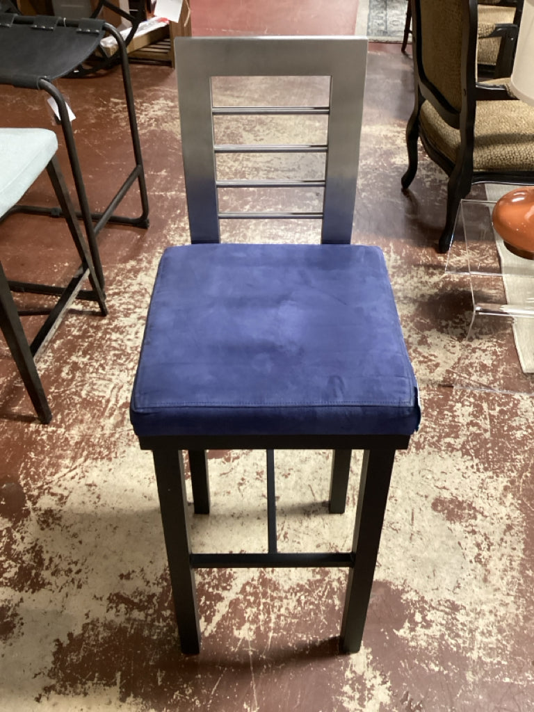 Bar Stools /  blue velvet, steel ladder back counter stools SET of 3