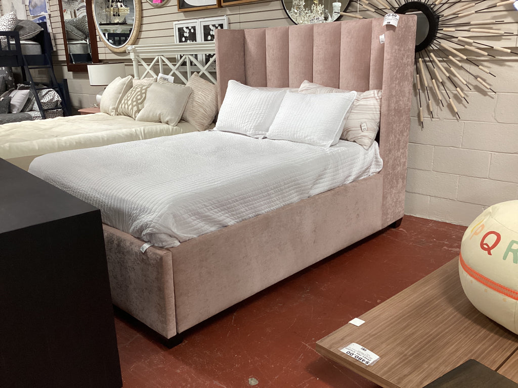 Queen Bed / Channel backl upholstered Blush HB, FB, rails & slats